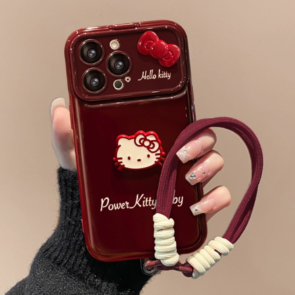 TEMU Phone Case - This Hello Kitty Phone Case For Iphone 17/16/15/14/13 Features A Glossy Burgundy Base With A 3d Red Bow And A Cute Hello Kitty
