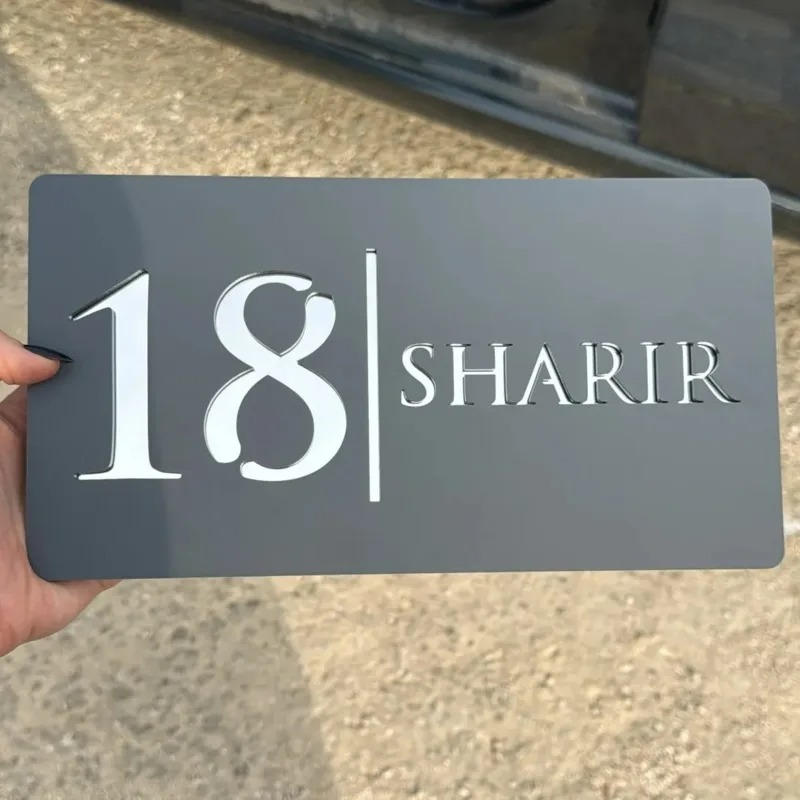 TEMU 2d Flat, 1pc Customized Modern Matte Gray Sign, Silvery Mirror Floating House Number Plate, Outdoor Street Home Plaque With Adhesive Backing For