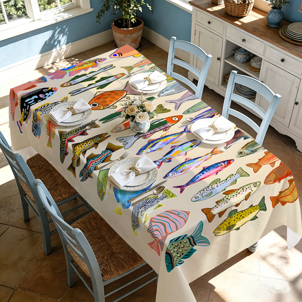TEMU Tablecovers 1pc Ocean-themed Tablecloth, Colorful Hand-painted Print, For Parties, Patio Indoor/outdoor Decoration, For Home Outdoor Decor,