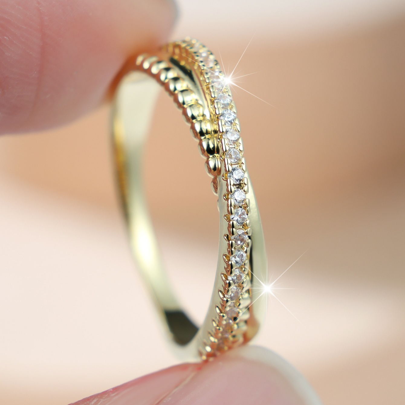 Elegant Golden Tone Pave Zirconia Ring, Twisted Design