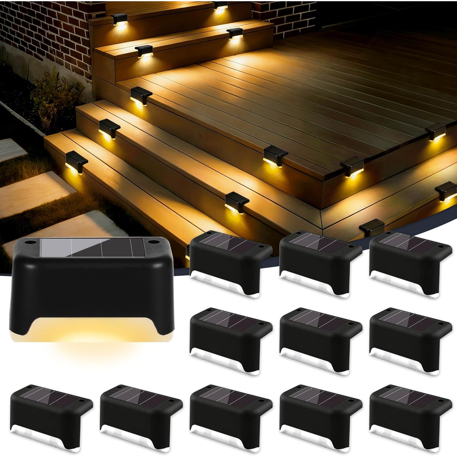 TEMU 7pcs/12pcs Solar Deck Lights Outdoor Aisle Wall Lights, Rail Commercial Lighting, Led Solar Step Fence Lights For Stairs, Step, Railing, Patio,