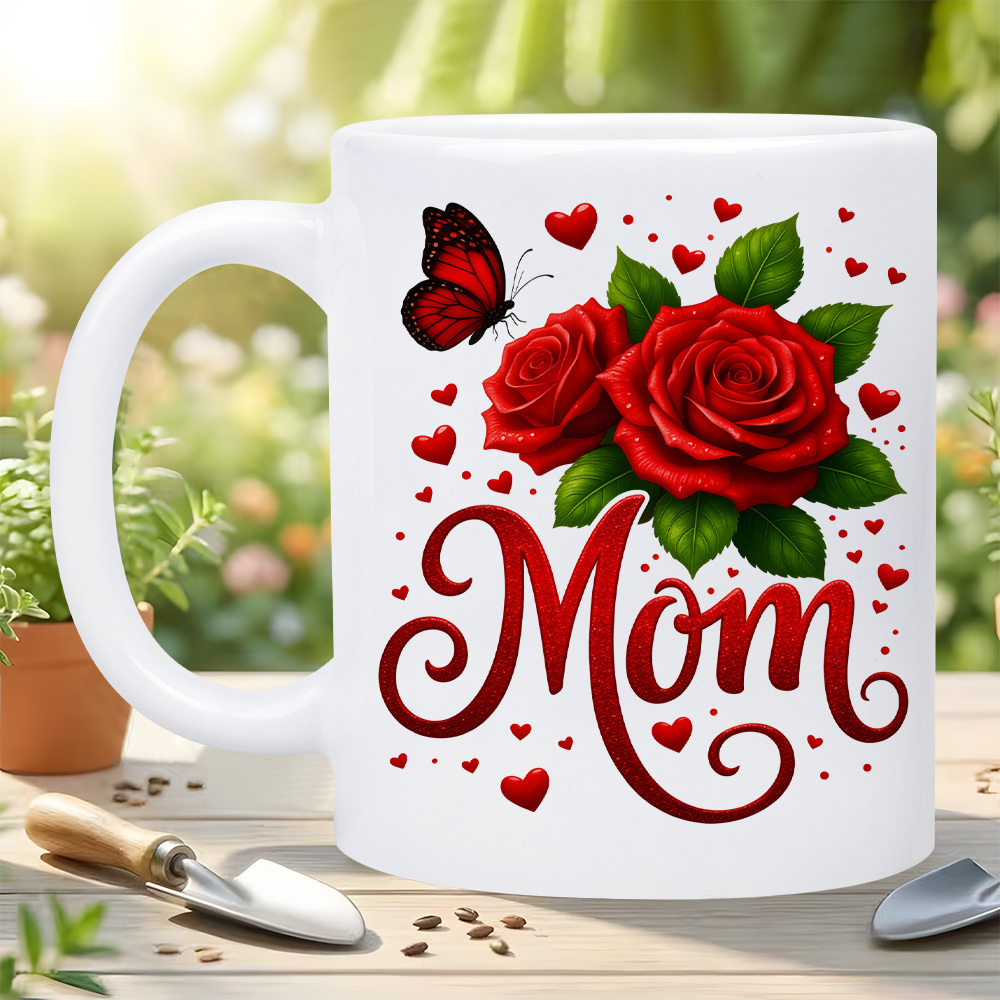 TEMU 1pc 'mom Red Rose & ' 11oz Ceramic Mug, Insulated And Reusable Coffee Cup Featuring A Red Hearts Design, Safe For Dishwasher Use, Ideal For Hot