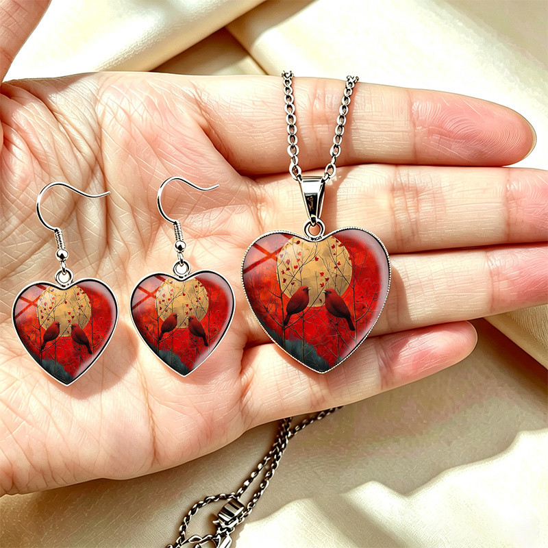 3pcs Red Birds Heart Necklace Earrings Set, Handmade