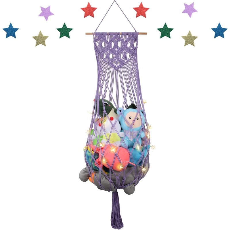 63 inch jumbo stuffed animal hammock corner with macrame ceiling wall mounted organizer light   storage net with string lights soft mesh for nursery playroom decor space saving toys display holds teddy   stuffed animals     stuffed animal holder stuffed animal storage   handmade look room   hammock for bedroom hammock chair toy net hammock stuffed animal storage hammock teddy bear hammock toy hammock Product details 0