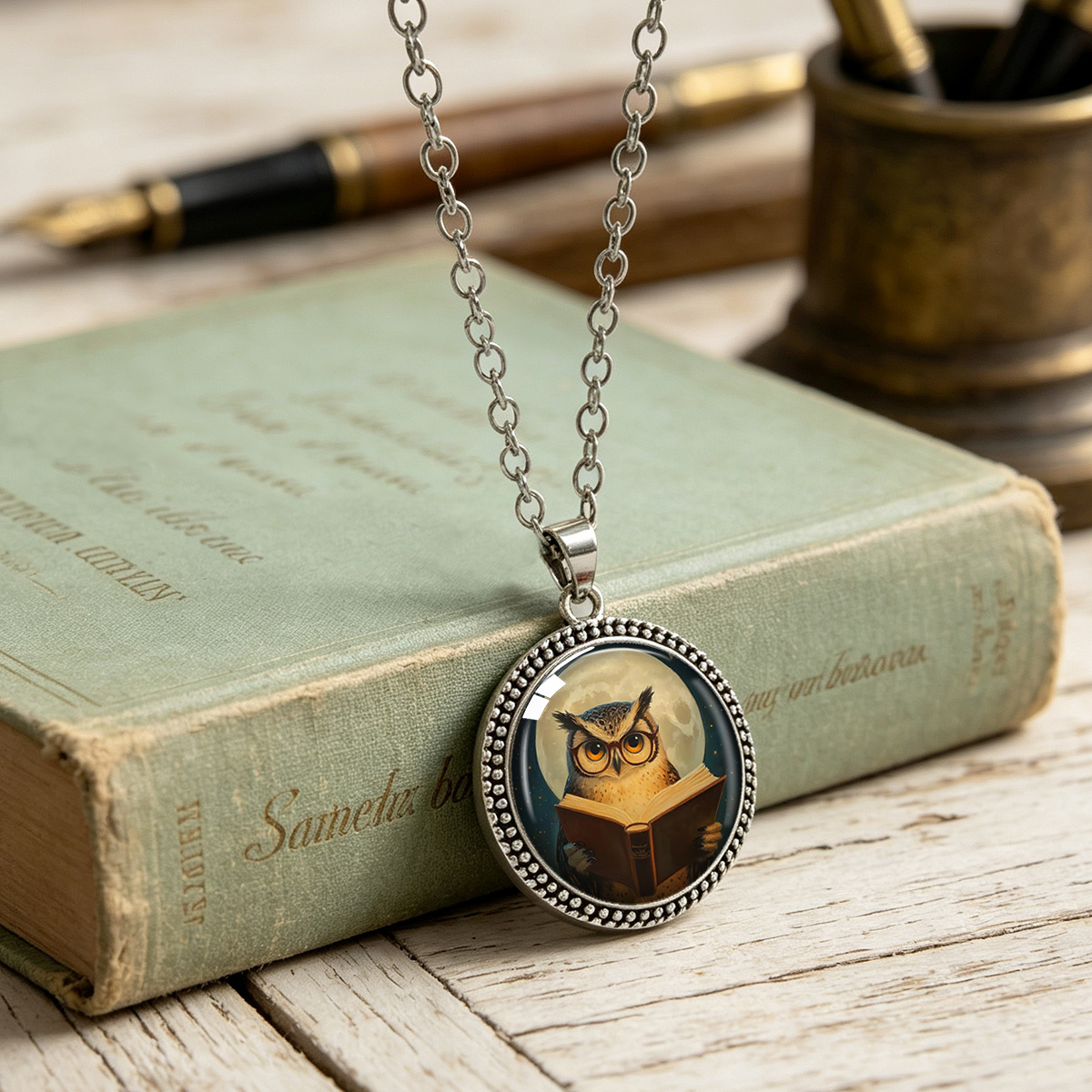 Vintage Owl Print Round Pendant Necklace