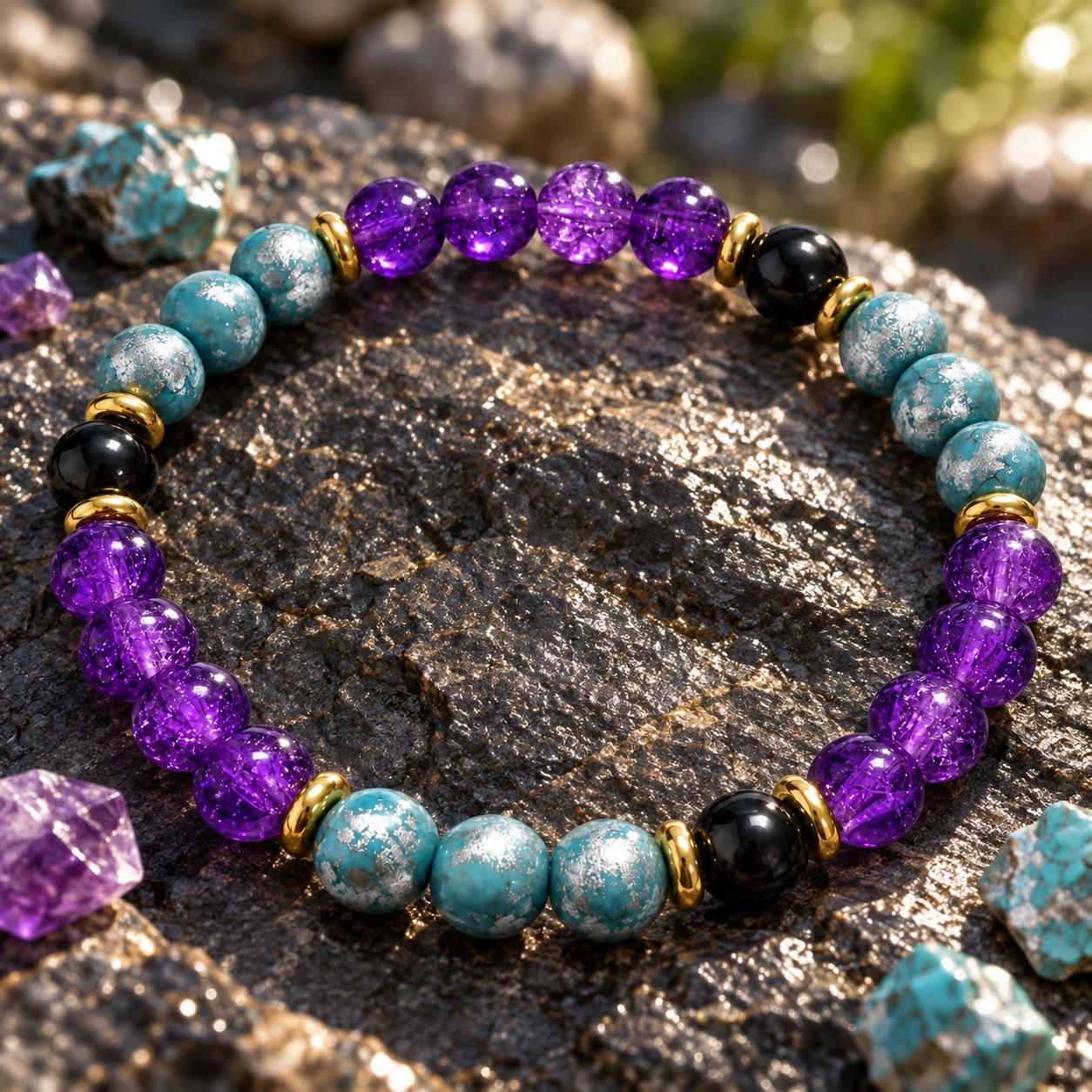 Wealth-Attracting Purple Burst Flower & Flower Quartz Bead Bracelet