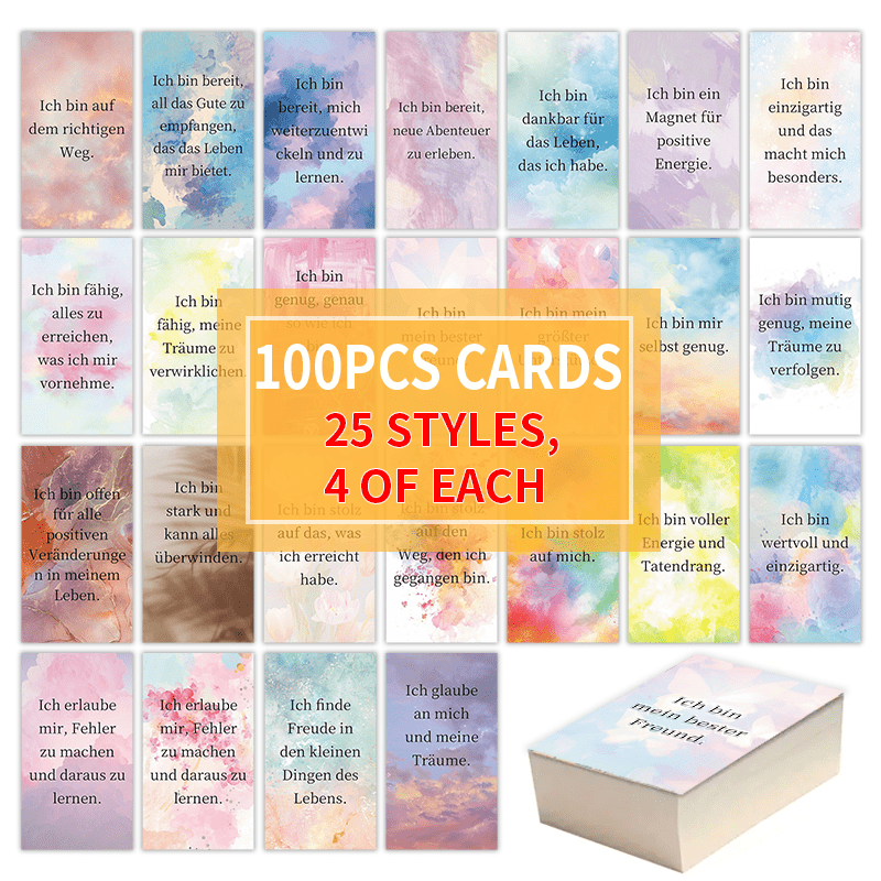 

100pcs German Inspirational Affirmation Cards, 25 Unique Styles, 4 , Paper Material, Motivational Quote Cards For Students, Friends, Family, Thanksgiving, Valentine's Day, Easter Gifts