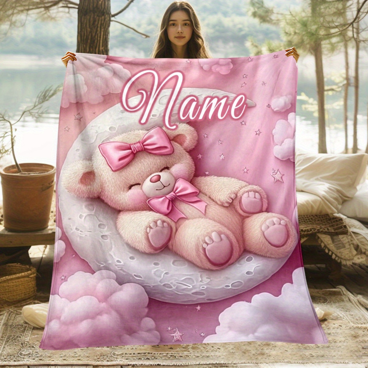 TEMU 1pc Custom Name Pink Bear Portable Blanket - Lightweight Sofa Bed Travel Camping Use, Suitable For Living Room Office Chair And Bed - Soft Warm