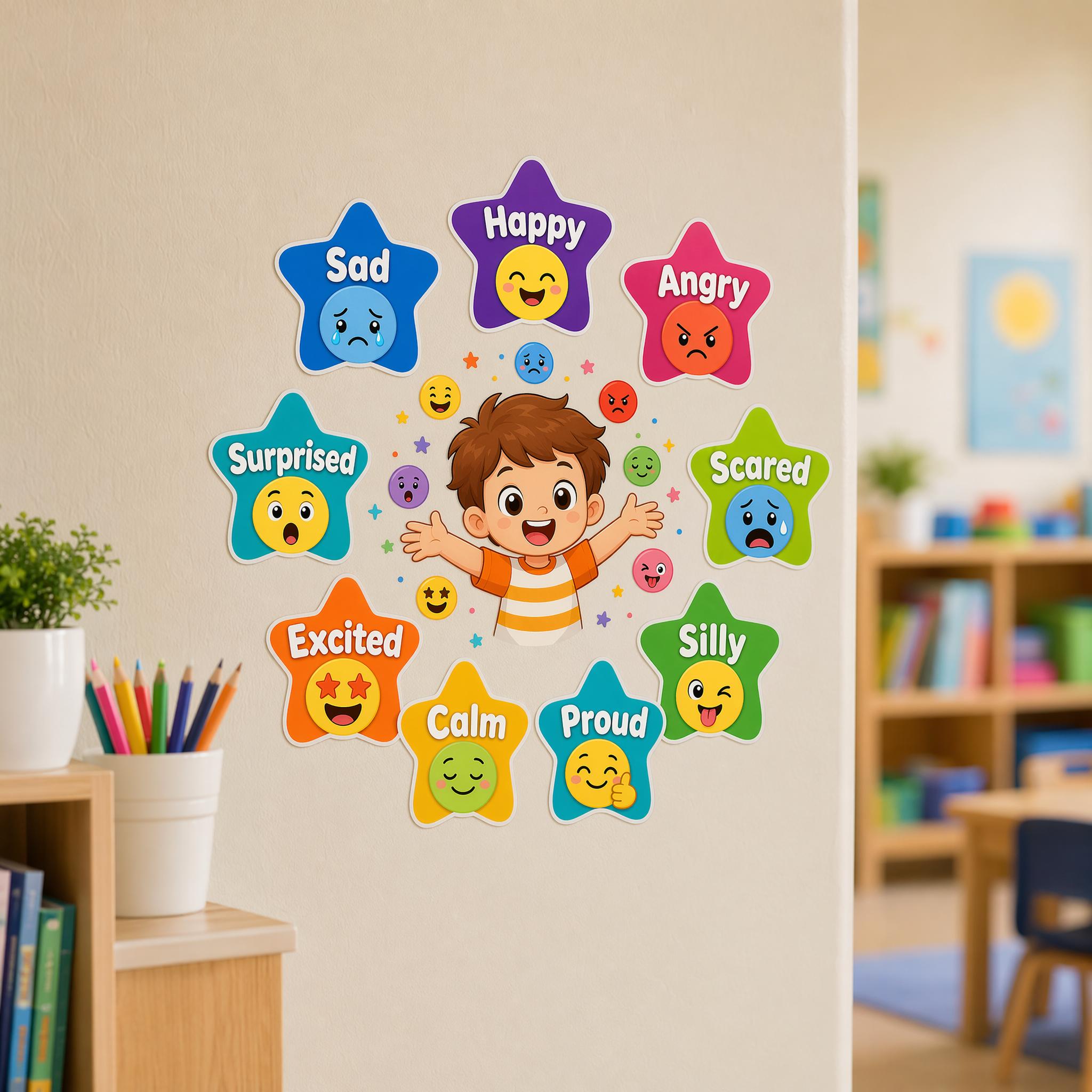 TEMU Colorful Star-shaped Emotional Wall Stickers, Joy Anger Sadness Surprise Calm Pride Stickers Self-adhesive Paper, Kindergarten Center Psychology