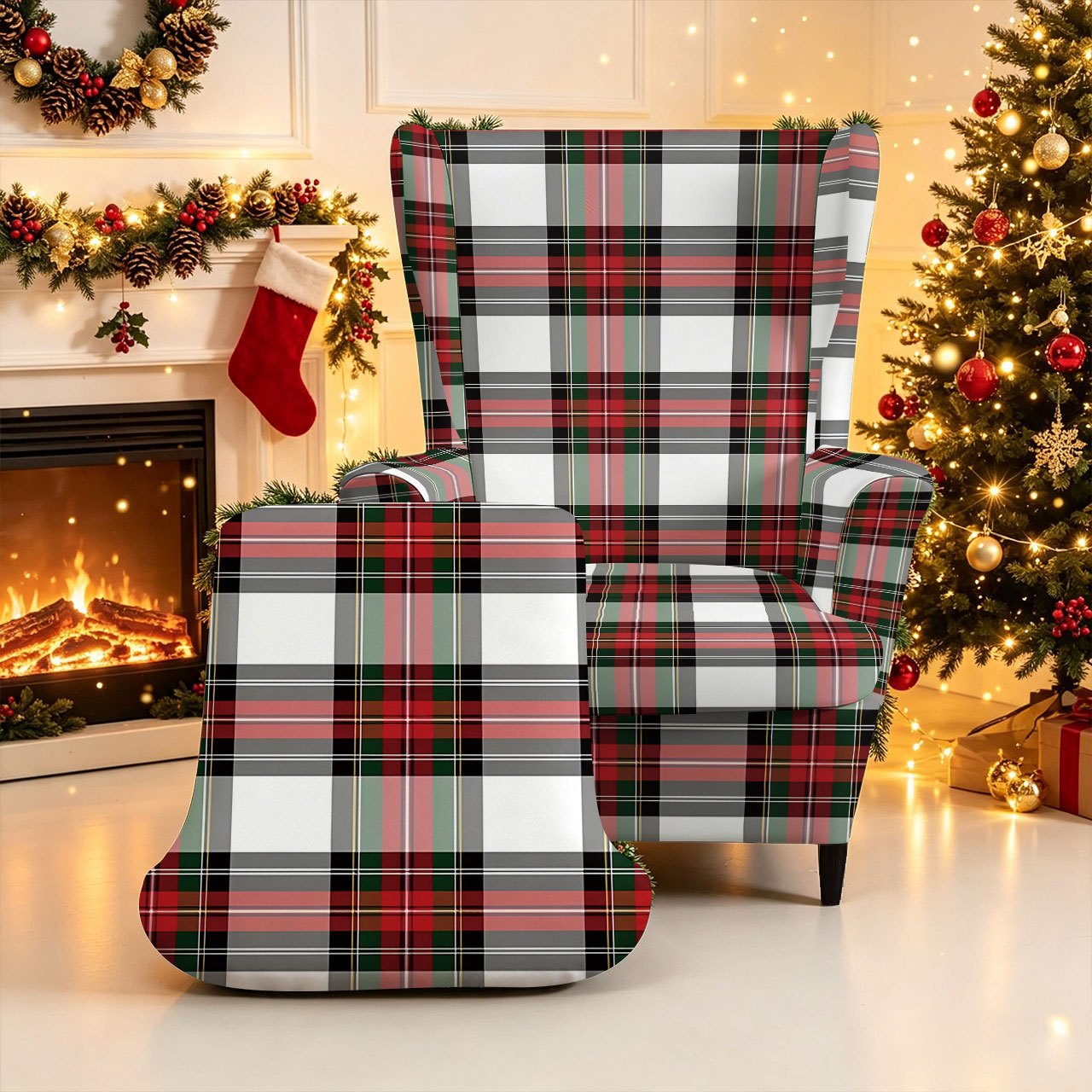 TEMU para de tigre con estampado de cuadros navideños 2D, individual para sofá con respaldo y reposabrazos, estampado de cuadros rojos navideños,
