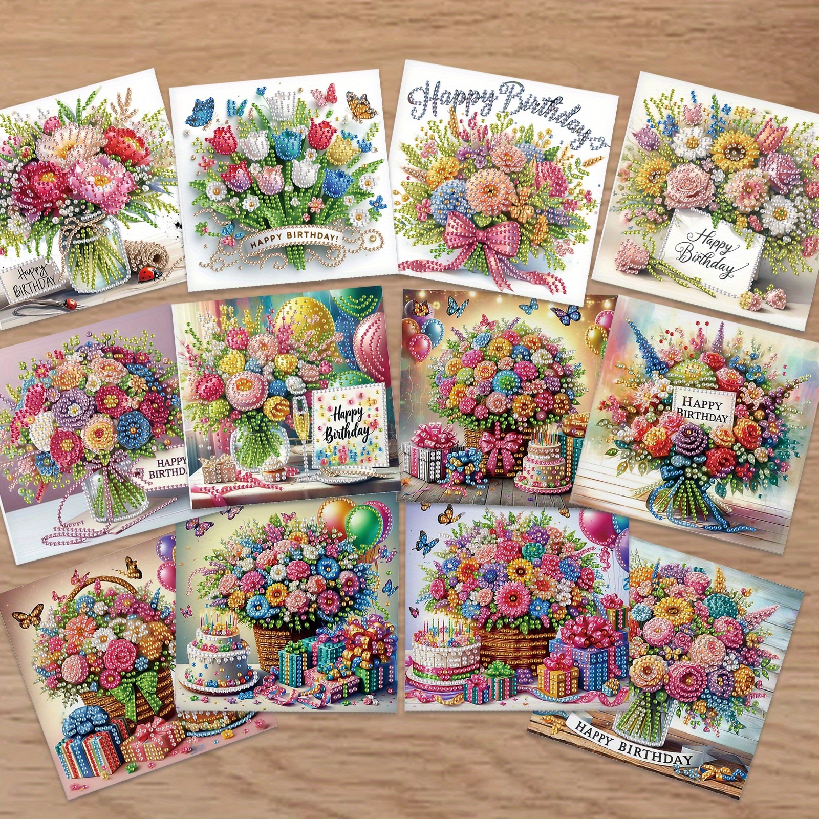 TEMU 12pcs Diamond Painting Greeting Cards Kits, Diy Colorful Birthday Flowers Handmade Festival Greeting Cards With Envelopes Crafts Birthday Cards