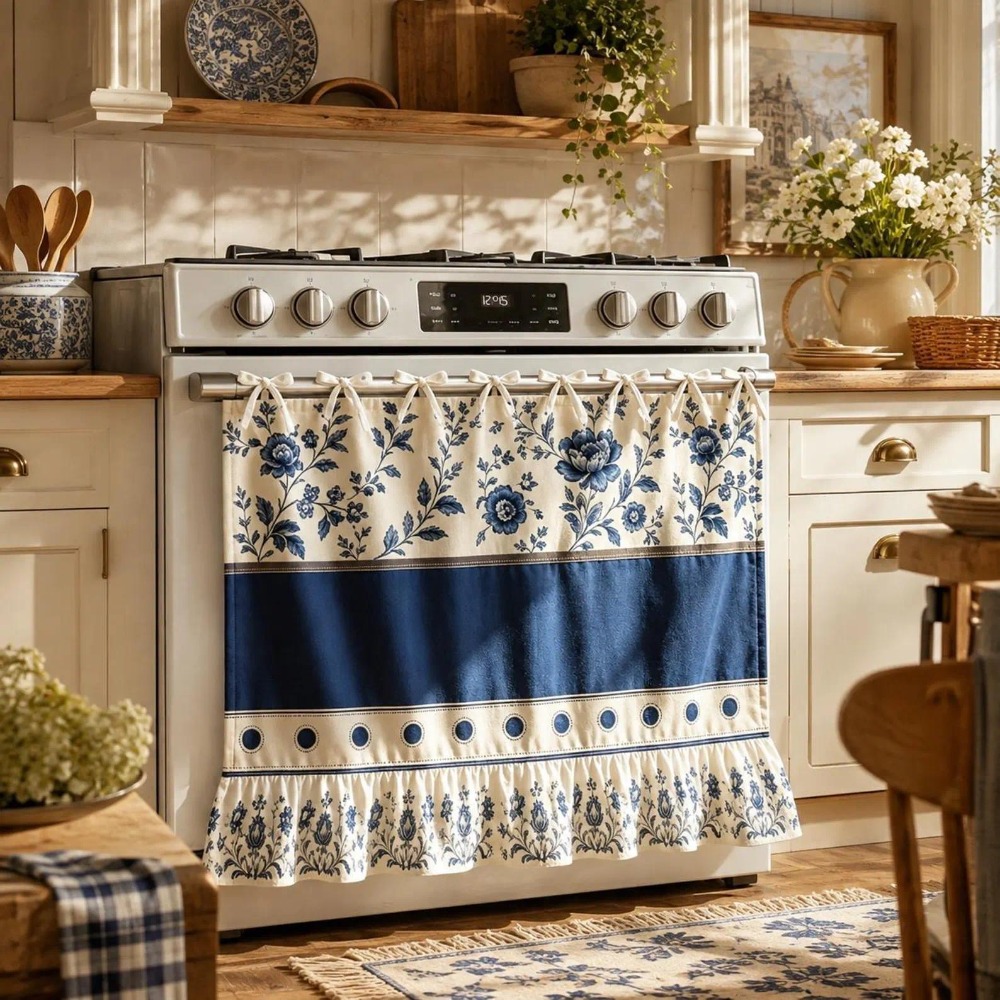 Bohemian Blocking Stove Curtain Tiers & Oven Door Cover - Blue Floral Suitable For Farmhouse Kitchen Decor, Soft Fabric With , Machine Washable Window Protector For Stove Covering