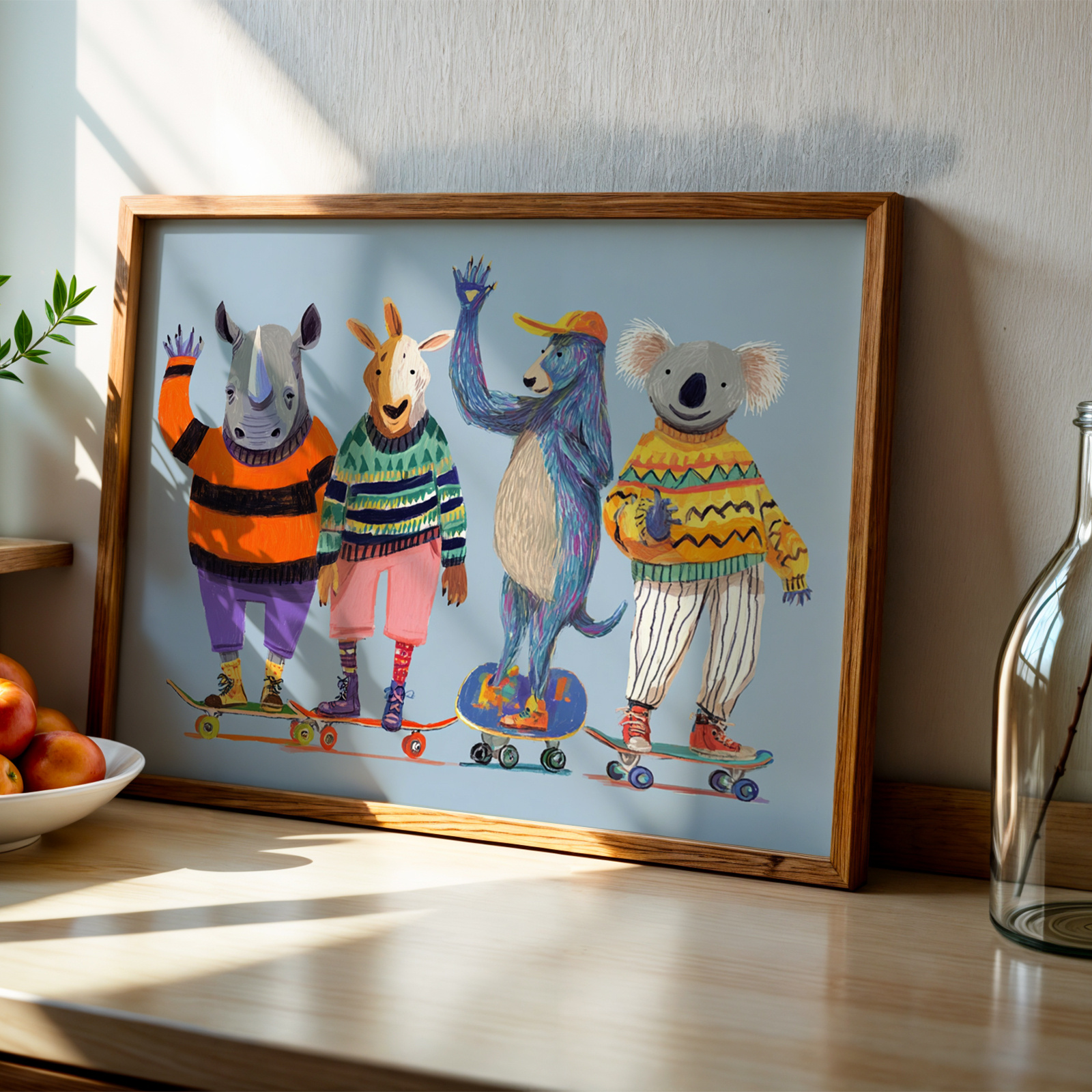 TEMU 1pc Frameless Retro Animal Art - Skating Buddy & Hamster Canvas Painting, Skating Poster For ' Room,, Living Room Decor - Housewarming Gift