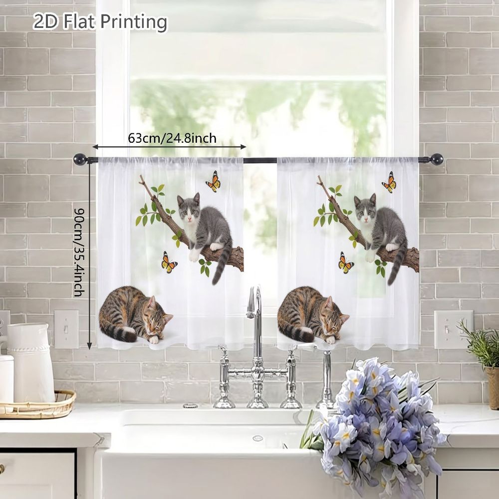 TEMU 2d Flat, 2pcs Small Semi-transparent Sheer Curtains, 2d Flat, 2pcs Small Semi-transparent Sheer Curtains, Adorable Kitten And Sleeping With