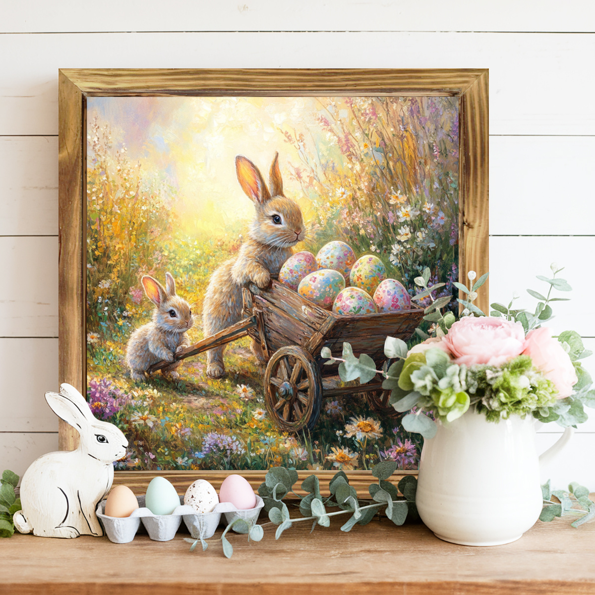 

1pc Rustic Wooden Rabbit & Eggs Wheelbarrow Wall Art, 8x8 Inch Farmhouse Decor, Indoor Wood Frame Sign For Entryway, Living Room, Kitchen, Home Decoration, Housewarming Gift, Easter Decor