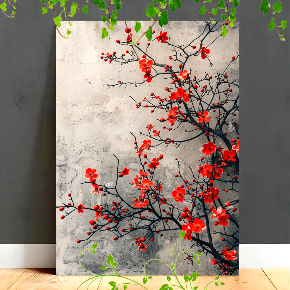 photo de l'article   mural en toile encadrée 2d plat - 1 pièce / branche de cerisier   chinois avec fleurs rouges minimalistes et branches noires sur fond beige, cadre bois  , bureau ou couloir - décoration dhiver, œuvre asiatique imprimé, 2d flat