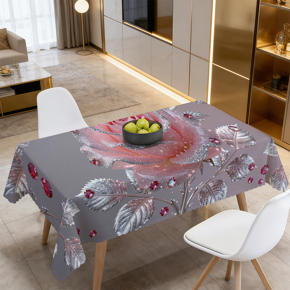 TEMU 1pc Luxurious Rose Pink Diamond Shimmering Metallic Leaf Decorated Tablecloth, Suitable For Romantic Dinners, Wedding Decorations, Home Decor,