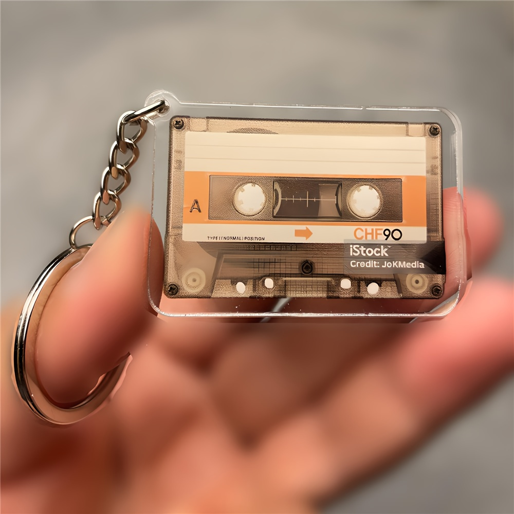 TEMU 2D Plat, Vintage Jaren '90 Cassettebandje Acryl Sleutelhanger - Oranje/Wit Vintage Cassetteontwerp - Plat Hangertje met Ketting, Geschikt voor