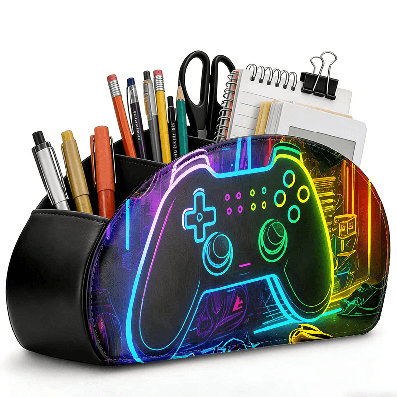 2d Flat Printing 1pc Stationery Organizer - Colorful Neon Controller Design, Multi-compartment Desktop Storage, Ideal For Stationery, Office Supplies, Makeup Brushes, Remote Controls, And Small Items