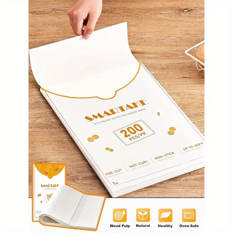 200 sheets precut non stick parchment paper for baking 9x13 inch pre cut to size 450 natural wood with silicone coating high quality disposable baking sheets for oven air fryer grilling steaming no curling fits cookie muffin trays grilling liner coating material meal preppers home bakers Product details 2
