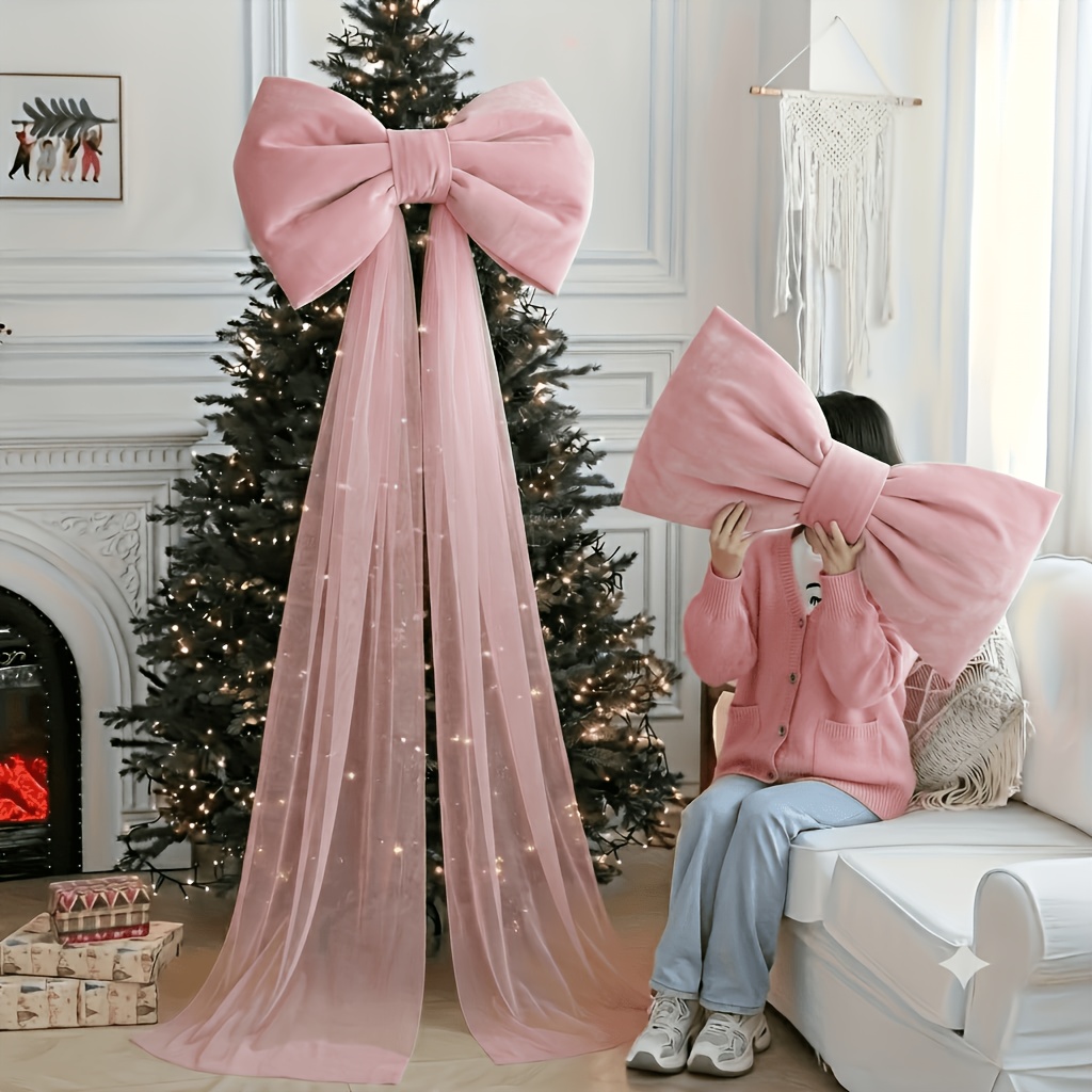 TEMU Grand nœud de sapin de Noël en velours, nœud décoratif rose avec en tulle transparent, ornement de nœud de sommet de sapin de Noël pour sapin de