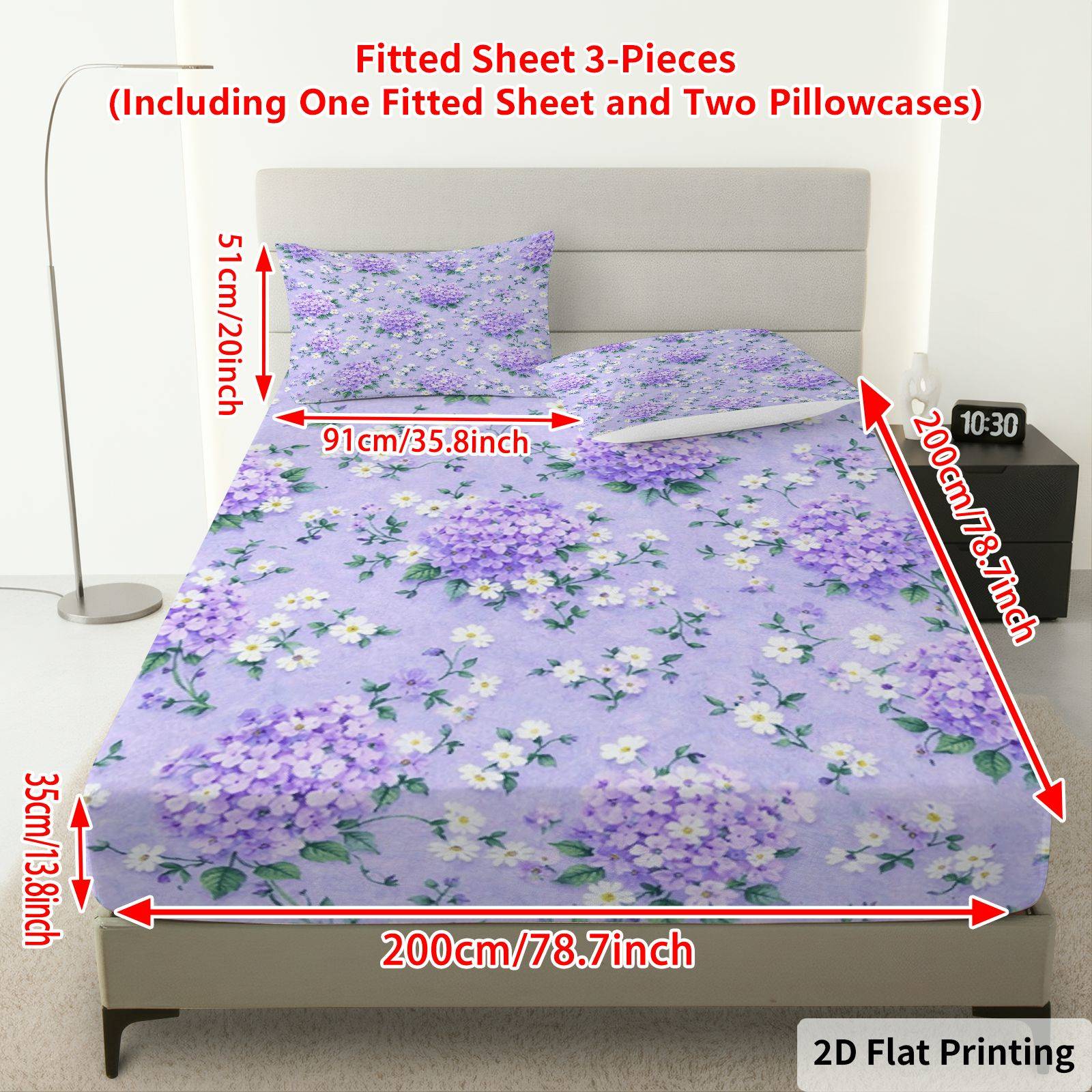 TEMU 3pcs Purple Floral Daisy Hydrangea Fitted Sheet 3pcs Set (1*fitted Sheet 2*pillowcases, ), Spring Theme, Elegant Bedding, Mattress Protector