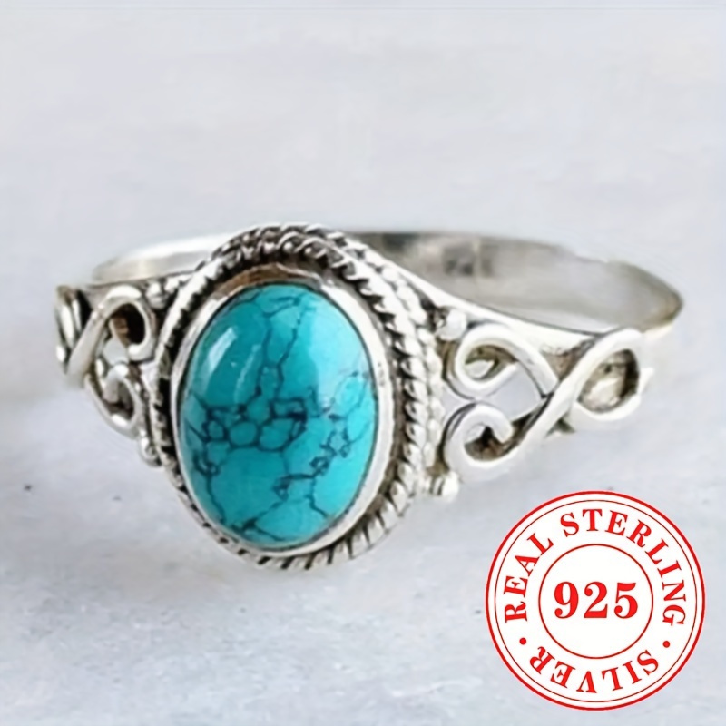 

Vintage Sterling Silver Ring With Synthetic Turquoise Stone, December Birthstone, 925 Silver, Women' Personality Ring, Bohemian Jewelry For Daily & Party - 2.8g Single Piece