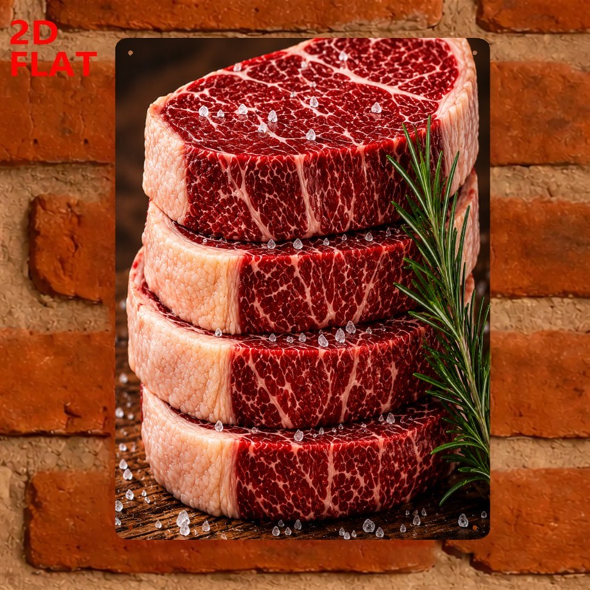 TEMU 2d Flat, 1pc Gourmet Beef Steaks With Rosemary And Sea Salt Rustic Food Photography Metal Sign