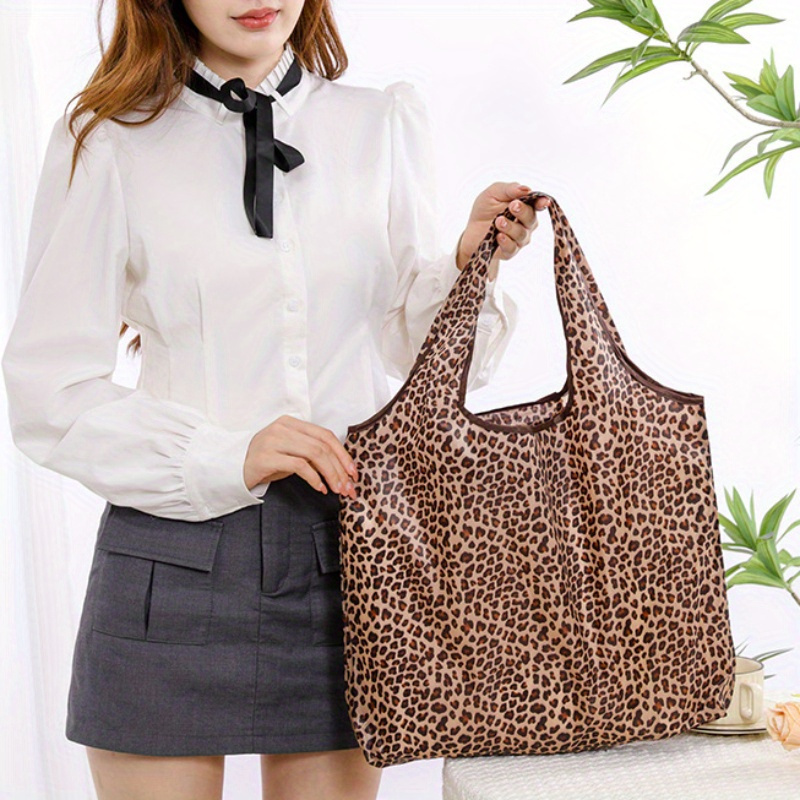 chic leopard print foldable shopping bag     polyester   groceries clothes storage travel gifts details 3