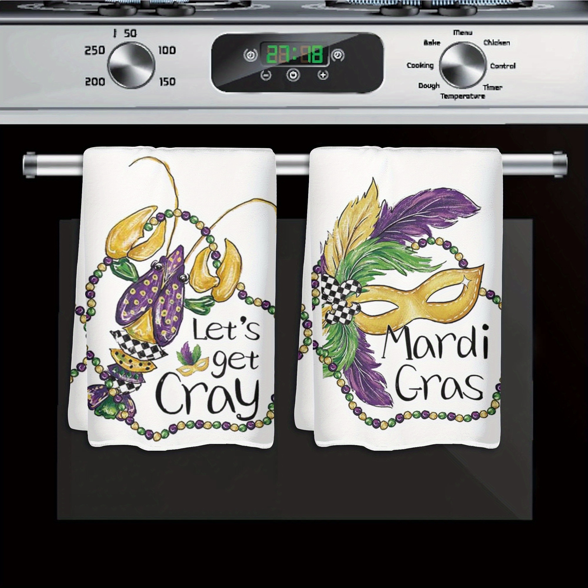 

2pcs " Get Cray" Mardi Gras Kitchen Towels - Vibrant & Soft Polyester Hand Towels With Festive Mask & Beads Design, Lightweight, Hand Wash Only, Ideal For 's Day Decor, Dish Towels