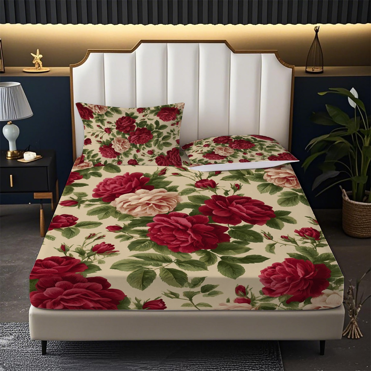 TEMU Fitted Sheet Three-piece Set - 3pcs Red And White Roses Densely Clustered With Green Leaves, Gradient Retro Floral Combination Pattern, Mattress