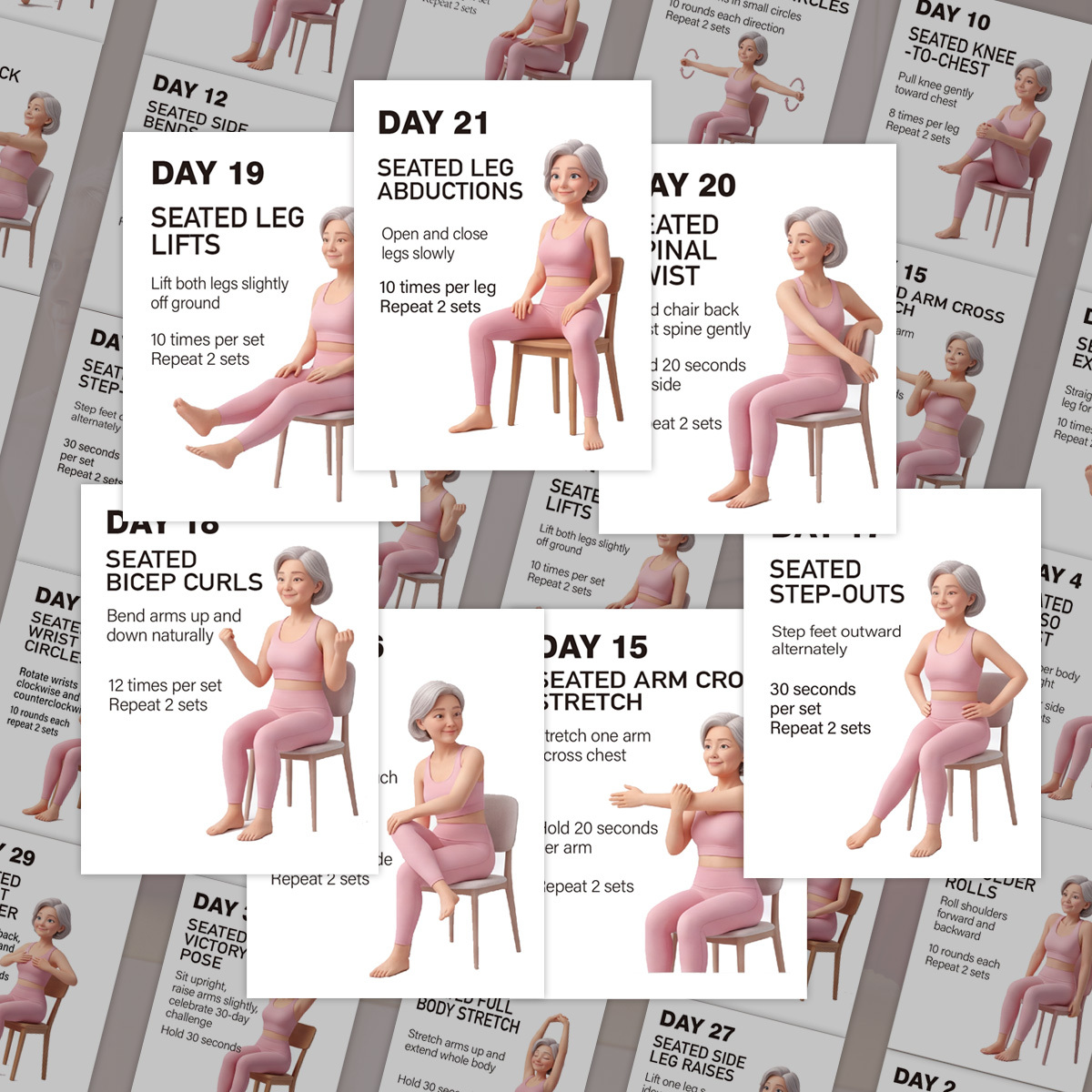 TEMU 30 Cartes, Cartes d'Entraînement de Rééducation pour Personnes Âgées sur Chaise, Cartes d'Exercices Doux, Programme de Fitness sur Chaise de 30