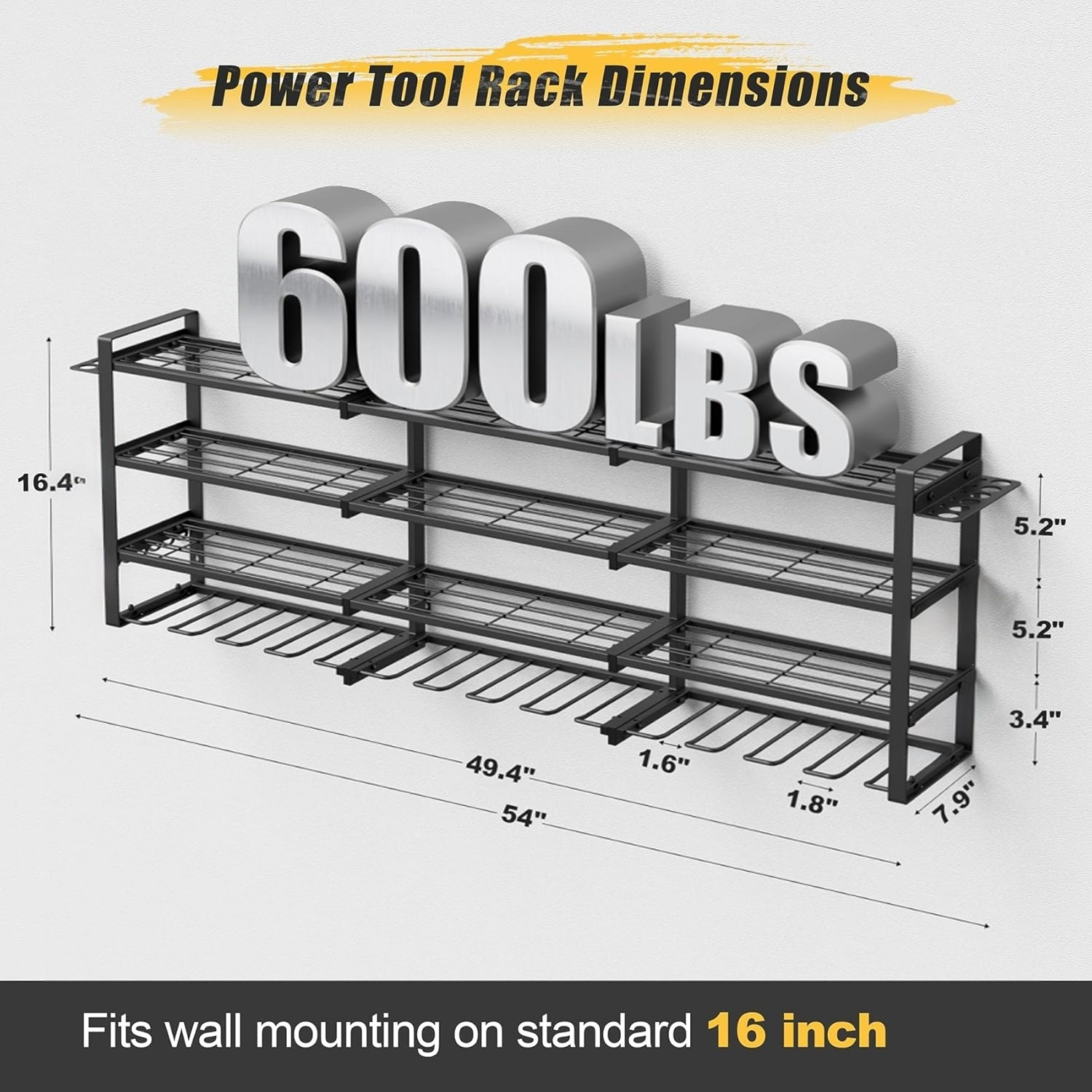 TEMU 49.4'' Large Power Tool Organizer For Wall Mounting, 4-tier Storage Rack With 12 Drill Holders, Heavy Duty Cordless Tool Shelf With A 600lbs