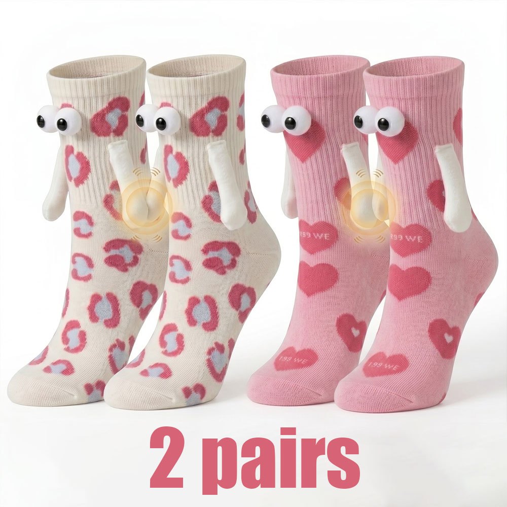 TEMU 2 Paires de Chaussettes Magnétiques Amusantes avec Motif de Poignée de Main Rose, Chaussettes Décontractées Mi-Tube Imprimées Rose, Chaussettes