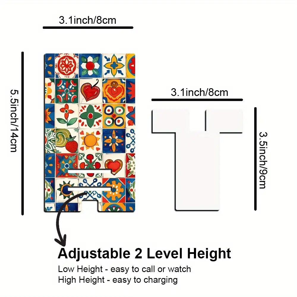 TEMU 2d Flat Printing, A Bohemian Style Colorful Tile Pattern, Adjustable Height, Wooden Tabletop, Bedside Mobile Phone Holder, Convenient For