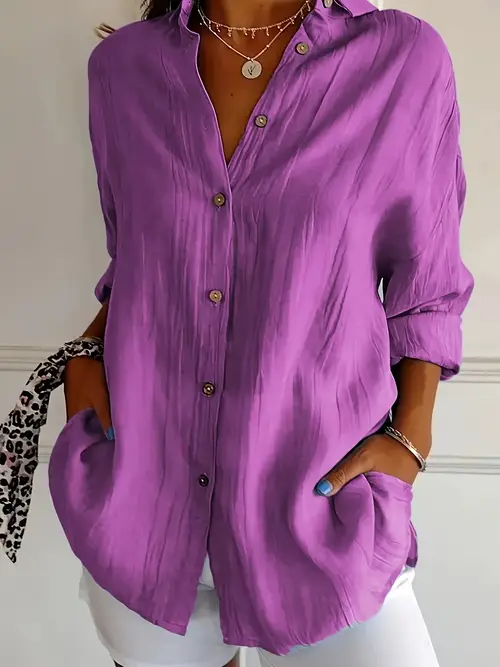 plus size single breasted pleated lapel shirt for women solid color european and american pull up sleeve top