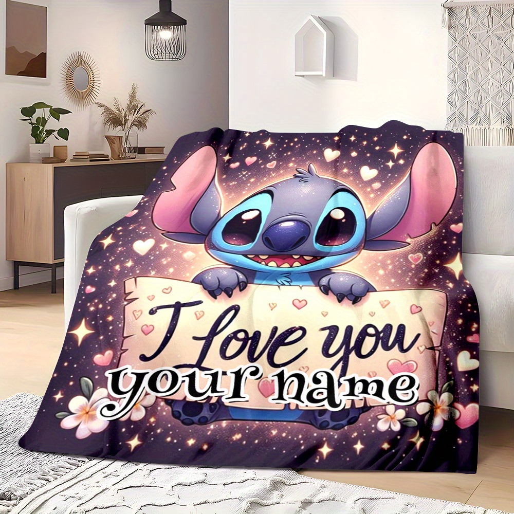 

1pc Stitch Customizable Flannel Blanket – Soft, Warm Throw With "i Love You" Design, Personalized Name Option, Pattern, Sofa, Bed, Office, Travel, Or Gift, Personalized Blanket