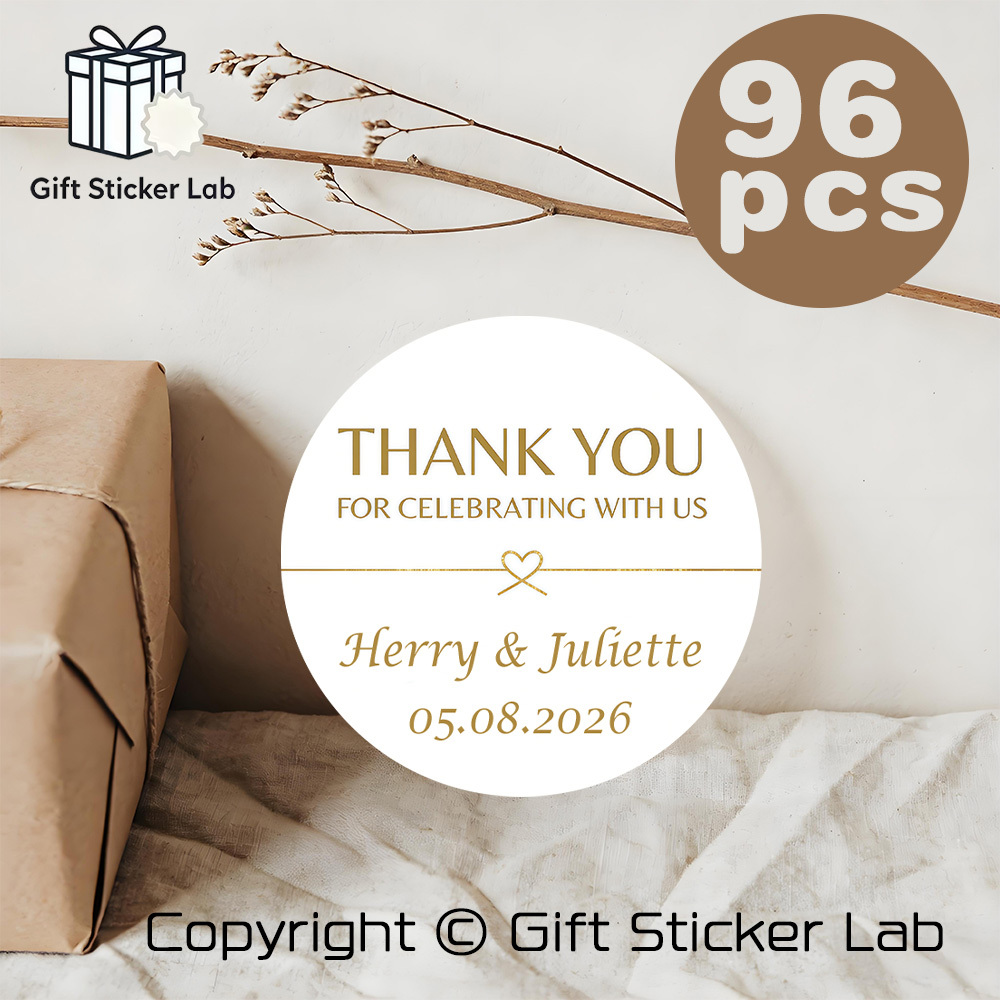 TEMU Custom 48/96pcs Thank You Round Stickers, Personalized With Names & Date, Elegant Style, Ideal For Wedding Celebrations, Engagement Parties,