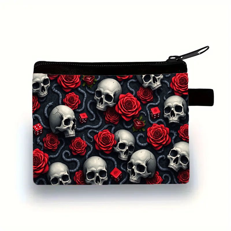 TEMU The Gothic Skull And Red Rose Coin Purse Is Budget-friendly, Small, And Multifunctional, Of Storing Keys, Cards, Lipstick, Cash, Earbuds, Small