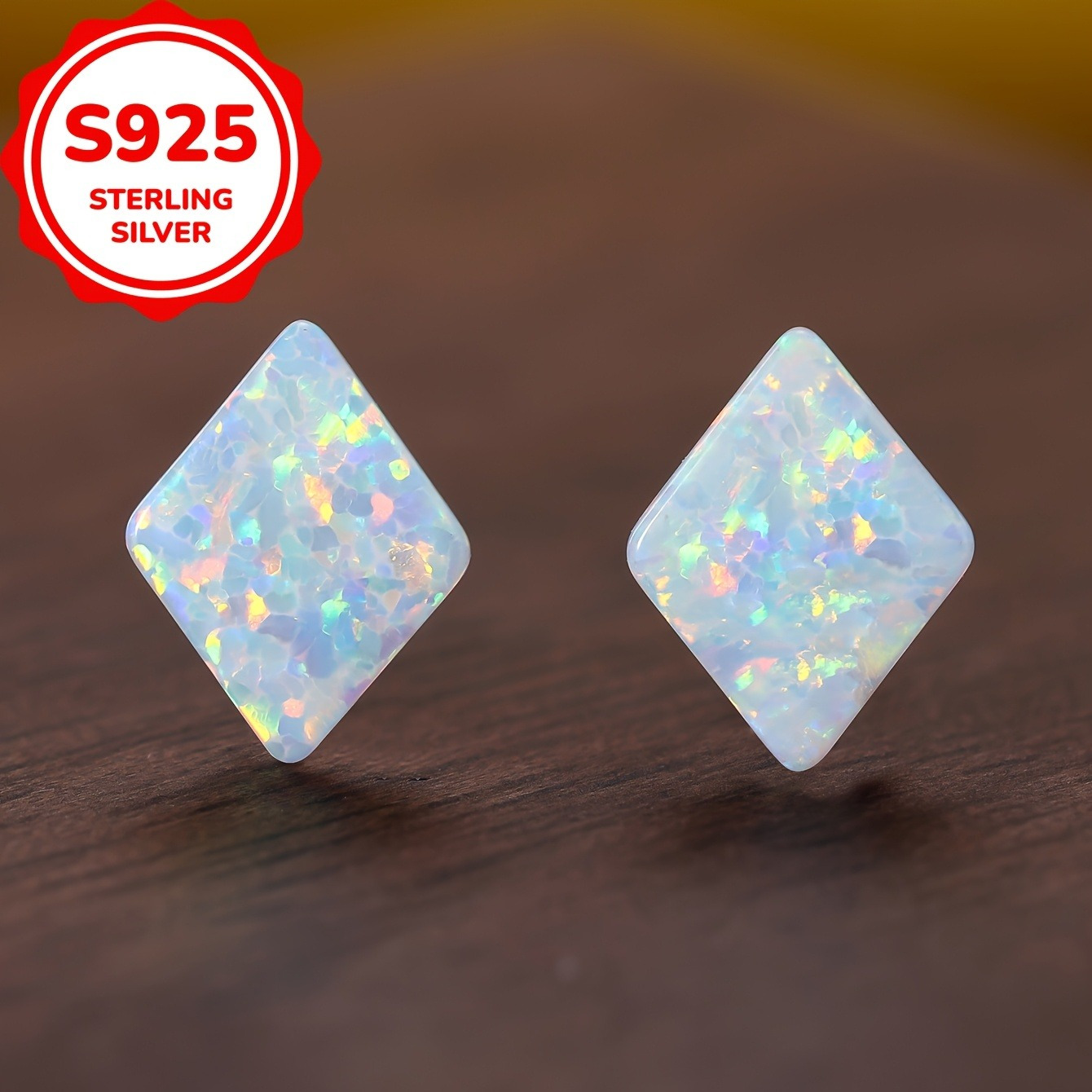 TEMU 1 Pair Of S925 Sterling Silvery Delicate Rhombus Synthetic Opal Earrings, Elegant And Minimalist Jewelry For Women' Casual Party Wear, 1.4g
