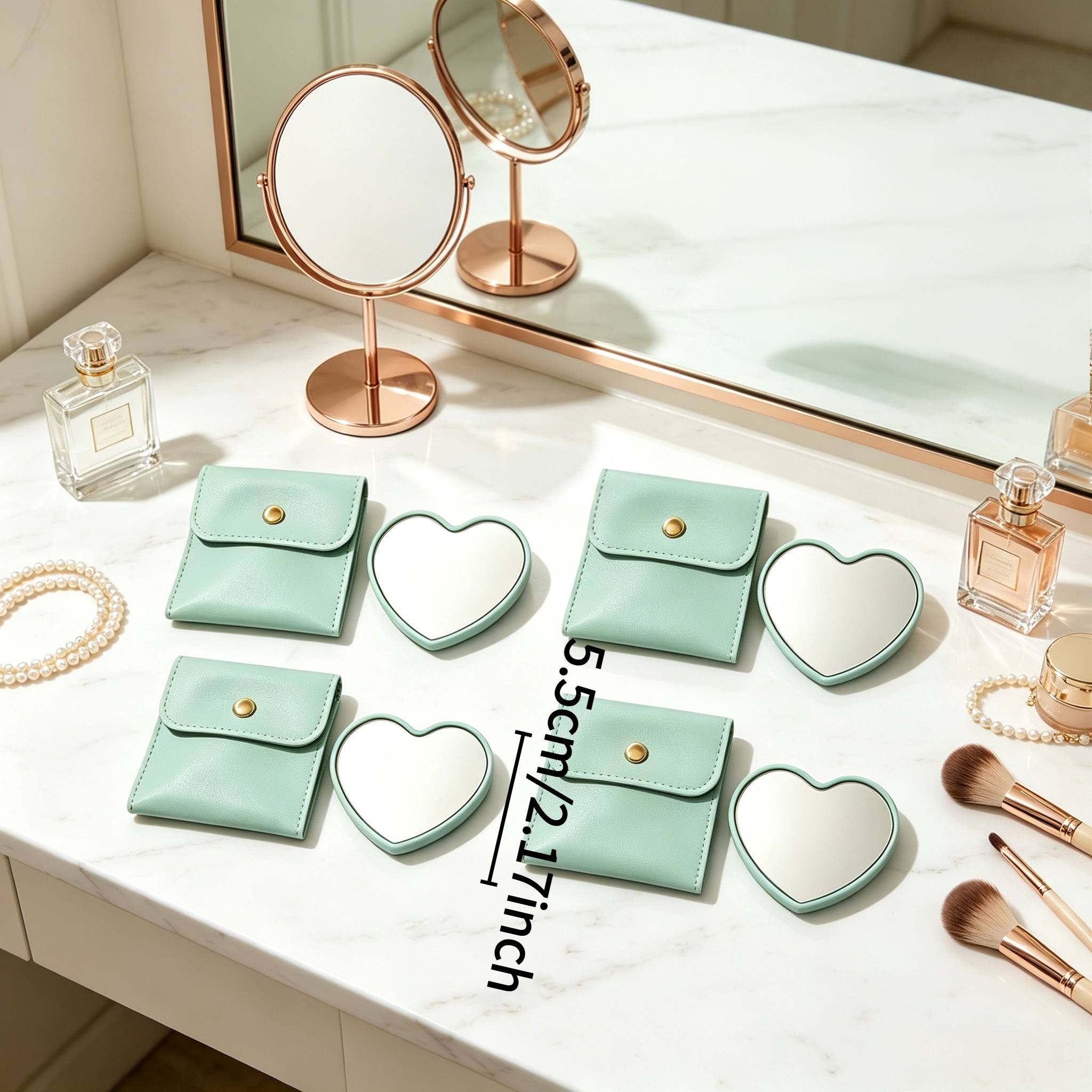 7pcs Green Heart-Shaped Portable Makeup Mirrors with Makeup Bags