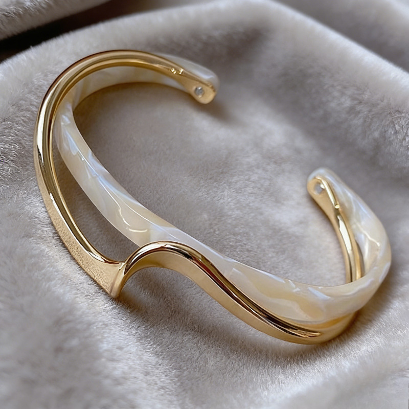 TEMU 1pc Ladies' Gentle And Elegant Style Open Structure Bracelet, Double- Tone Wave Opening Bracelet, Double-layer Holiday Commemorative Gift