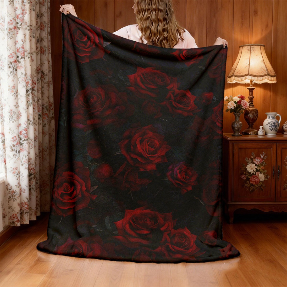 TEMU 1pc Flannel Blanket With A Luxurious Red Rose Pattern, Soft And Warm, Perfect For A Sofa Bed Or Office, Ideal As A Small Throw Or Nap Blanket, A