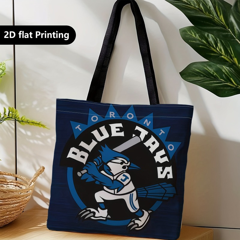TEMU A Shopping Tote Bag, A Portable Dual-use Shoulder And Hand-carry Bag, Featuring A Bluebird Pattern, Baseball Bat, And Toronto-themed Elements.