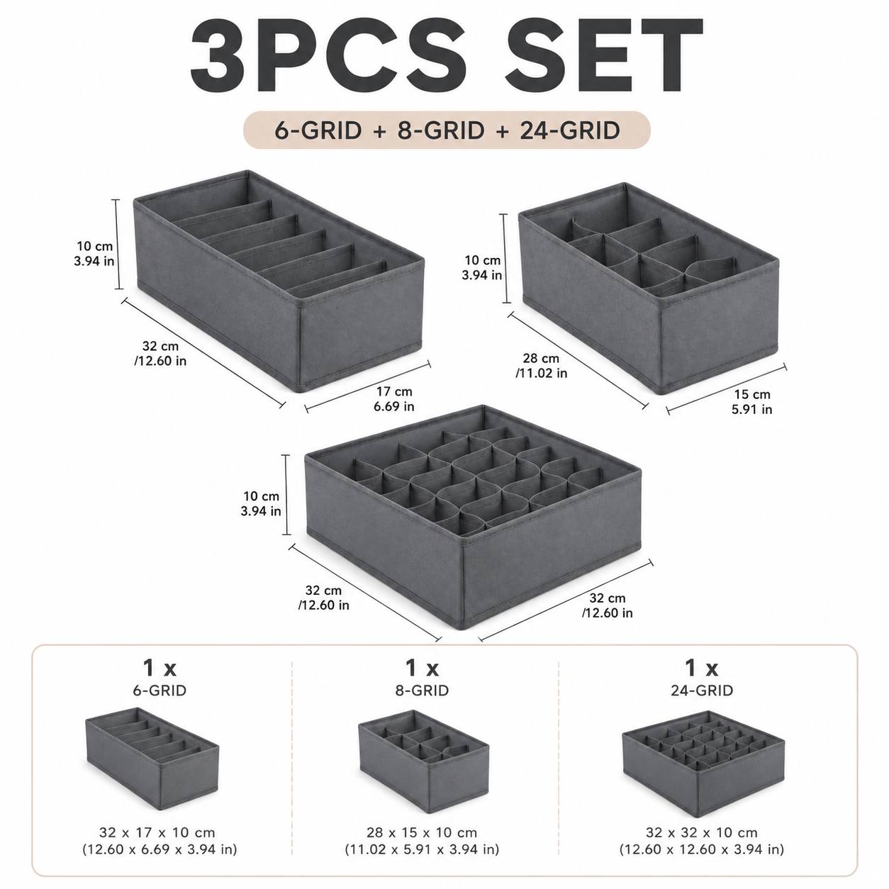 TEMU 3/4pcs Set 6/8/24-grid Clothing Organizer Set, Multi-compartment Storage Boxes With Foldable Structure And Space-saving Design, Underwear And