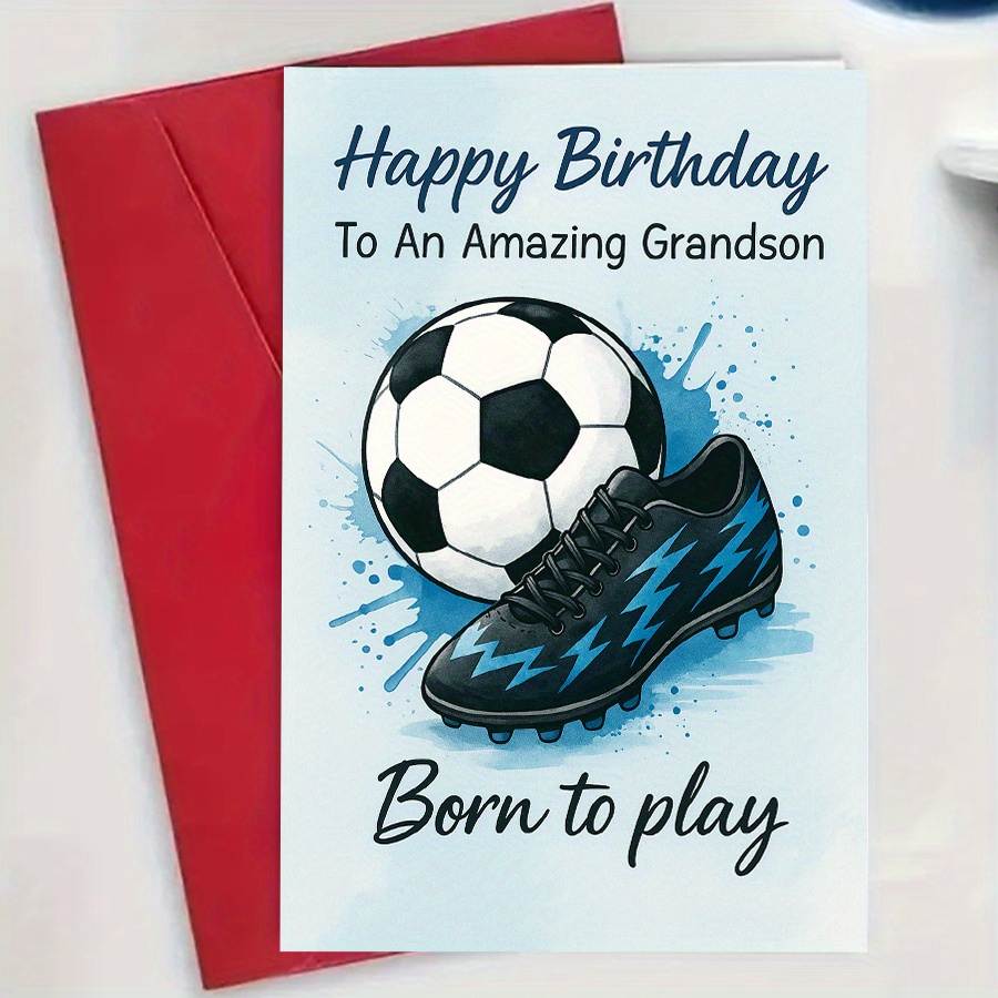 TEMU A Soccer-themed Birthday Card For Your Grandson Featuring A Design Of A Black And White Soccer Ball, Complete With A Red Envelope. An Ideal Gift