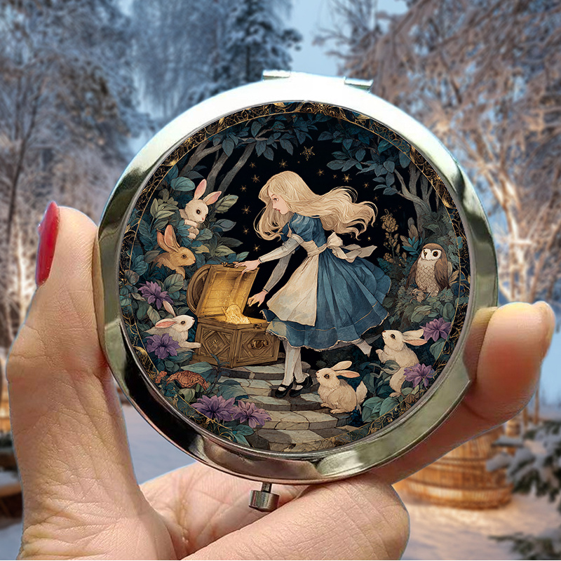 TEMU A Compact 2d Flat Makeup Mirror Designed For The Holidays, Showcasing Alice Reaching For A Luminous Chest Amidst Animals And Flowers, Ideal For