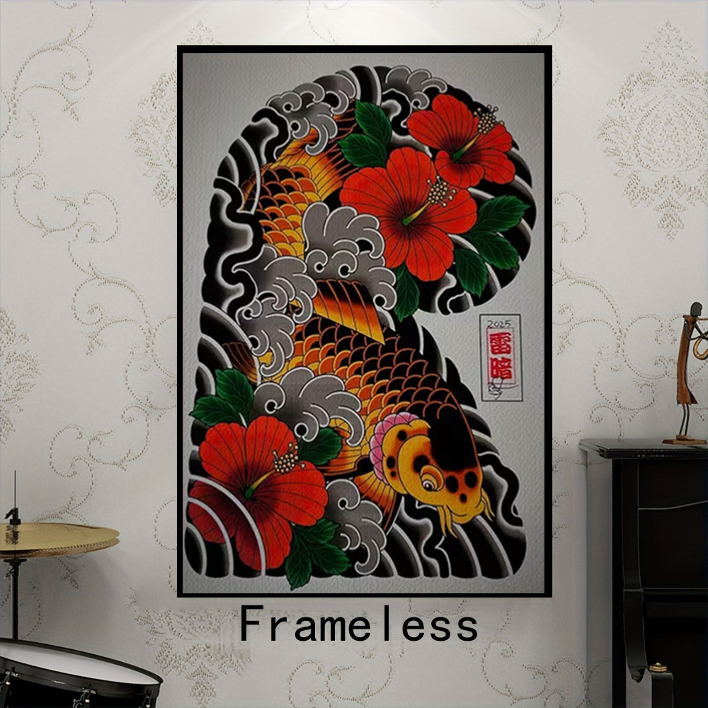 TEMU 2d Flat, 2d Flat, 1pc Japanese Koi And Hibiscus Art - Black And Orange , Canvas Print - Frameless Modern Decor Suitable For Living Rooms,