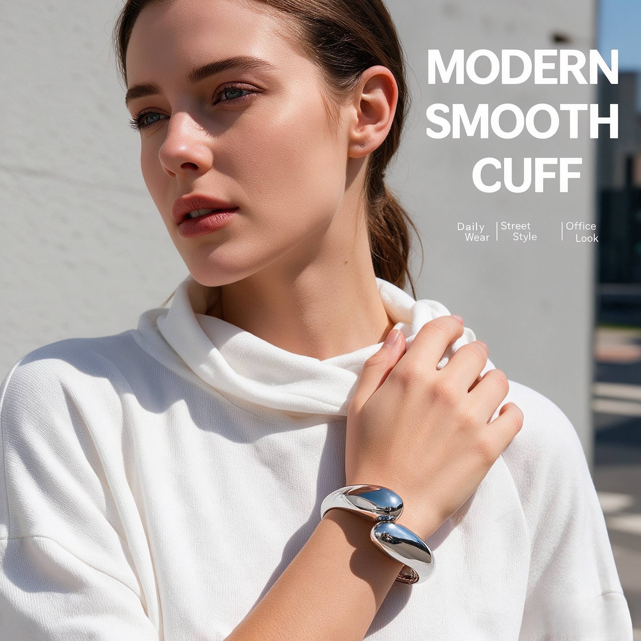 Smooth Glossy Open Cuff Bracelet for Women, Golden Tone