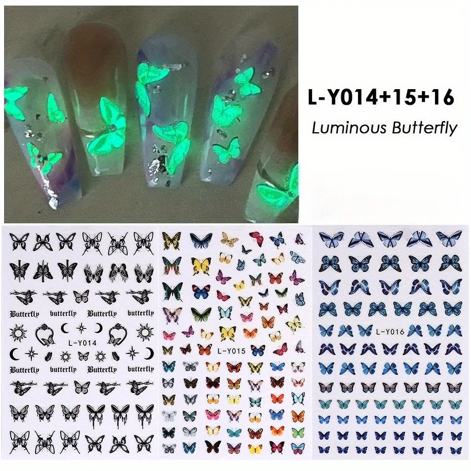 3pcs Luminous Nail Decal Stickers Colorful Series Design Glow In The Polish Sliders Manicure